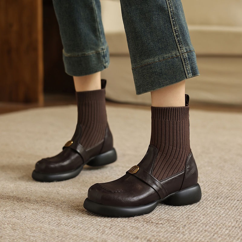 The Ethnic Fashion - Nowe Jesienno-Zimowe Damskie Brązowe Botki Pojedyncze
