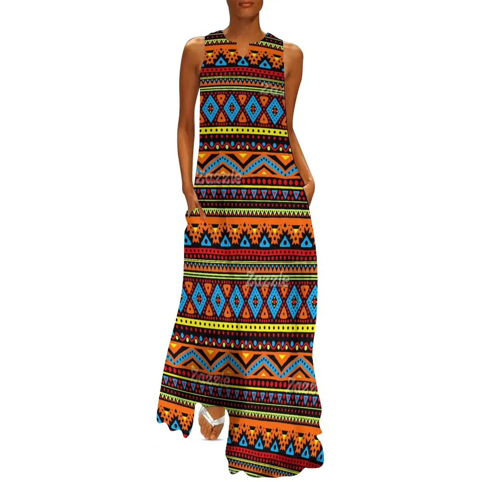 Ethnic Boho Fashion - Vintage etniczna długa sukienka czerwona pomarańczowa