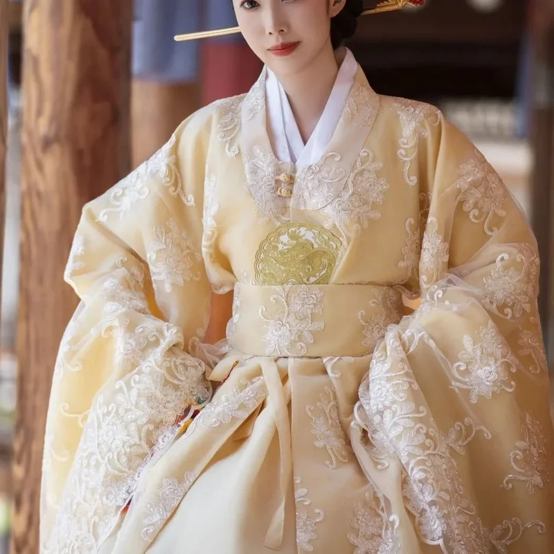 Hanbok Modern Set - Żółte Koreańskie Ubrania Damskie Strój Tradycyjny